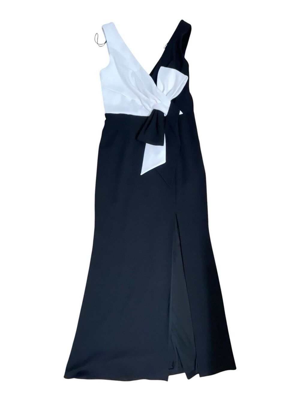 NWT Adrianna Papell Black White V-Neck Bow Slit Evening Maxi Dress Size 6
